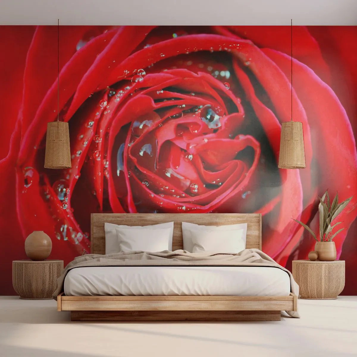 Samolepiaca Fototapeta Deluxe Sticker - V kvapkách rosy - Kvety, Červená ruža, Láska - 250x175 cm