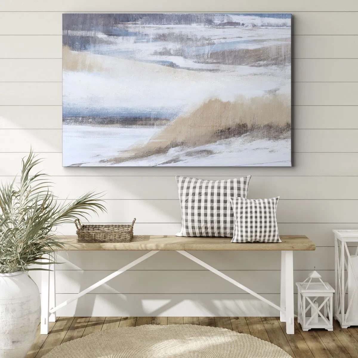 Obraz na plátne - Abstraktná zimná krajina v odtieňoch bielej a modrej - 70x50cm - Zimná kompozícia - Moderná nástenná dekorácia do obývacej izby a spálne ARTTOR