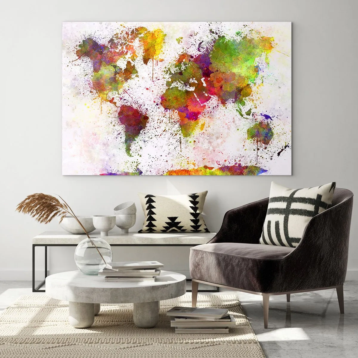 Obraz na skle - Mapa sveta v umeleckom štýle s farebnými špliechmi farby - 70x50cm - Prišlo to nejako samo - Moderná nástenná dekorácia do obývacej izby a spálne ARTTOR