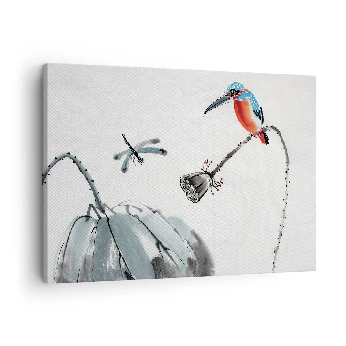 Obraz na plátne - Farebný vták na pozadí vegetácie a vážky - 70x50cm - Život lúky - Moderná nástenná dekorácia do obývacej izby a spálne ARTTOR