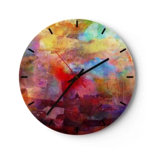 Nástenné hodiny - Abstraktná kompozícia v intenzívnych farbách s dominantnou červenou - 30x30cm - Pozrieť sa doprostred dúhy - Moderná nástenná dekorácia do obývacej izby, kuchyne a spálne ARTTOR