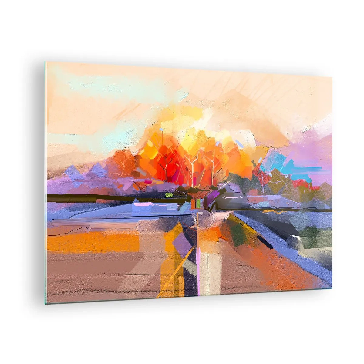 Obraz na skle - Abstraktná krajina so západom slnka a farebnými poľami - 70x50cm - A bola jeseň - Moderná nástenná dekorácia do obývacej izby a spálne ARTTOR