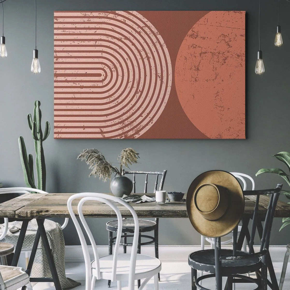 Obraz na plátne - Geometrické vzory v odtieňoch terakoty na vintage pozadí - 70x50cm - Blízky vzťah - Moderná nástenná dekorácia do obývacej izby a spálne ARTTOR