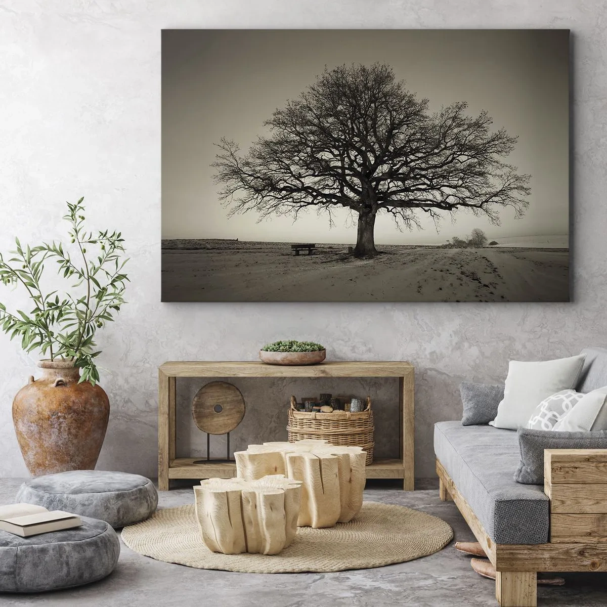 Obraz na plátne - Osamelý strom v sépiovom poli - 70x50cm - Odtiaľ až do večnosti - Moderná nástenná dekorácia do obývacej izby a spálne ARTTOR