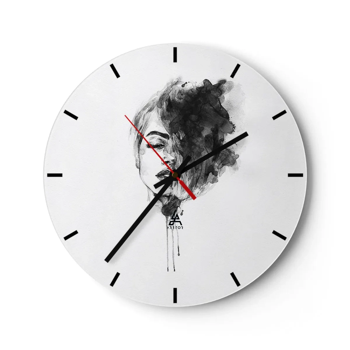 Nástenné hodiny - Čiernobiela akvarelová maľba ženskej tváre s dymovým efektom - 30x30cm - O čom sníva dievča - Moderná nástenná dekorácia do obývacej izby, kuchyne a spálne ARTTOR