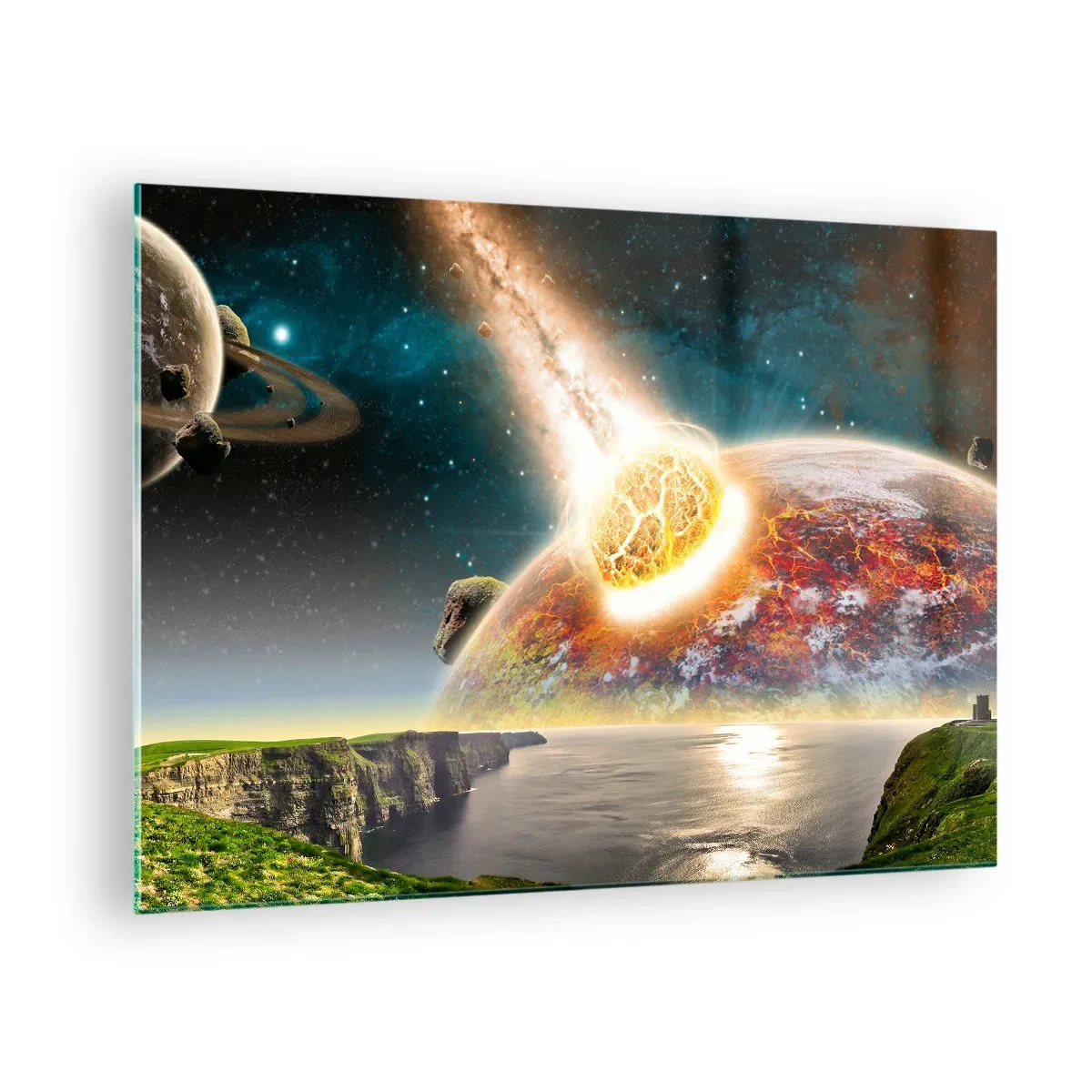 Obraz na skle - Meteorit sa zrazí s planétou vo vesmíre. - 70x50cm - Vesmírna dráma - Moderná nástenná dekorácia do obývacej izby a spálne ARTTOR