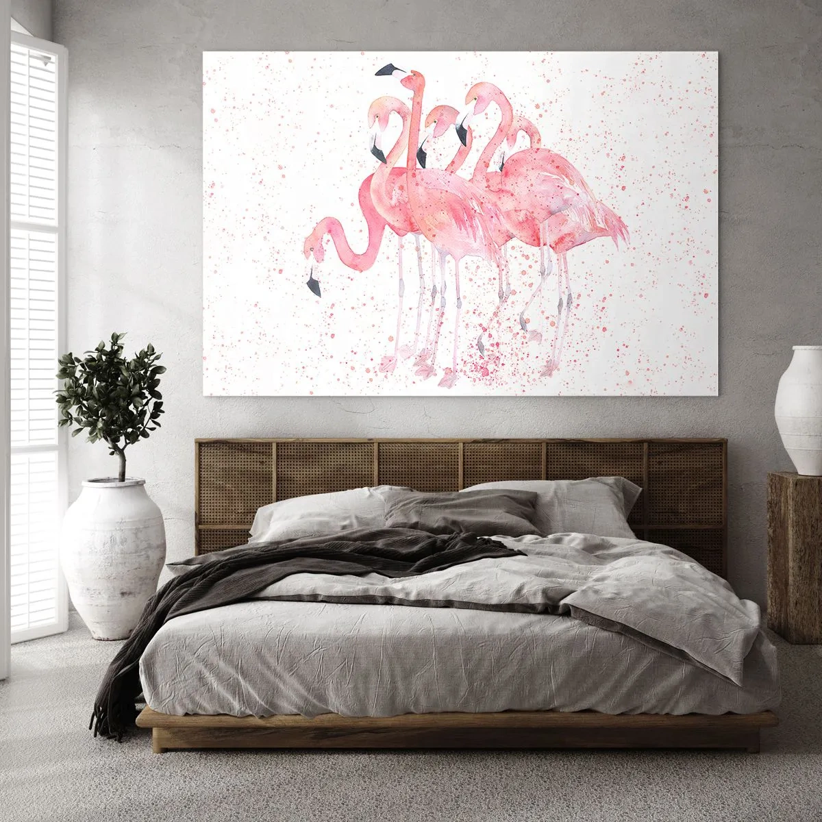 Obraz na skle - Akvarelové plameniaky na svetlom pozadí s jemnými škvrnami - 70x50cm - Ružový ansámbl - Moderná nástenná dekorácia do obývacej izby a spálne ARTTOR