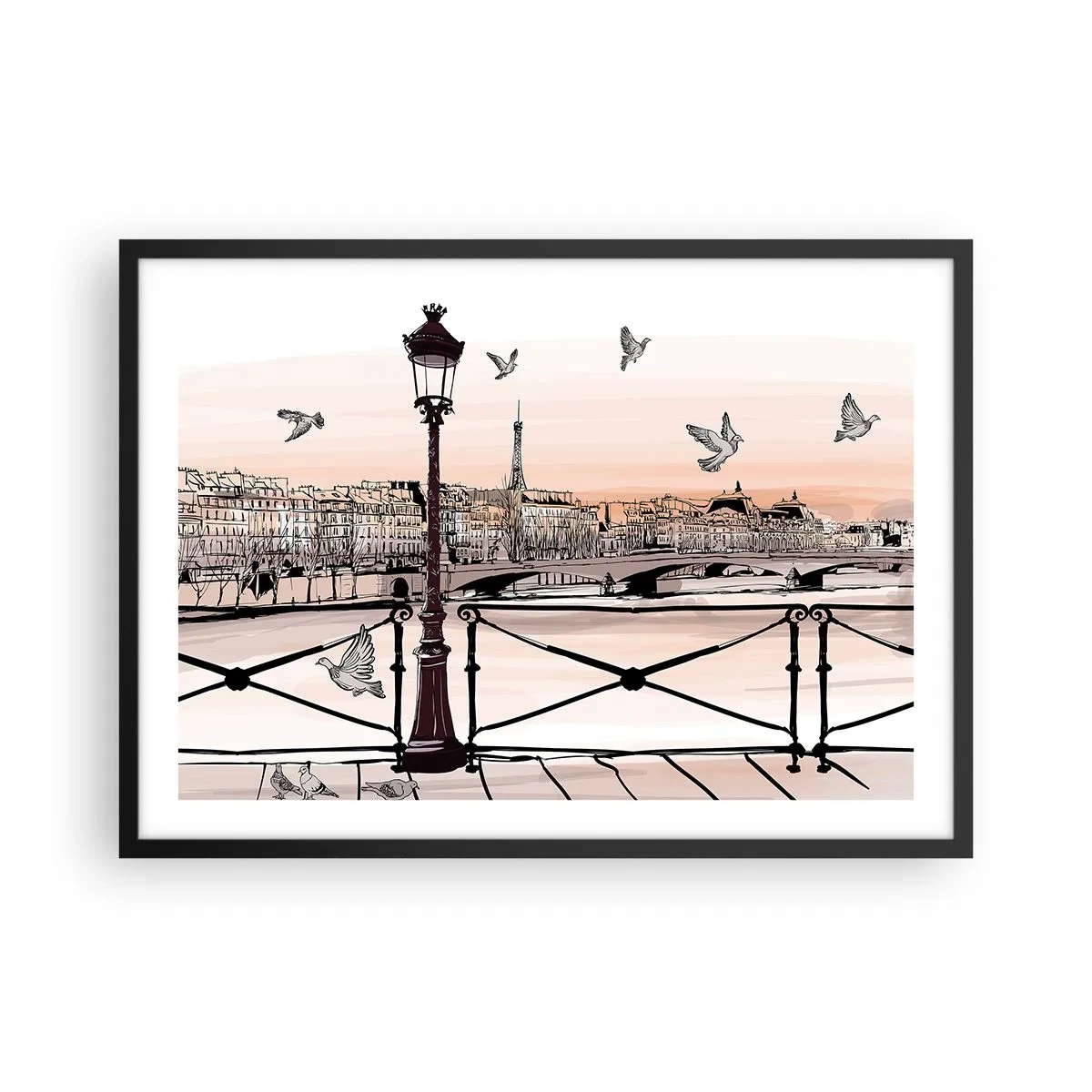 Plagát v čiernom ráme - Nad strechami Paríža - 70x50 cm