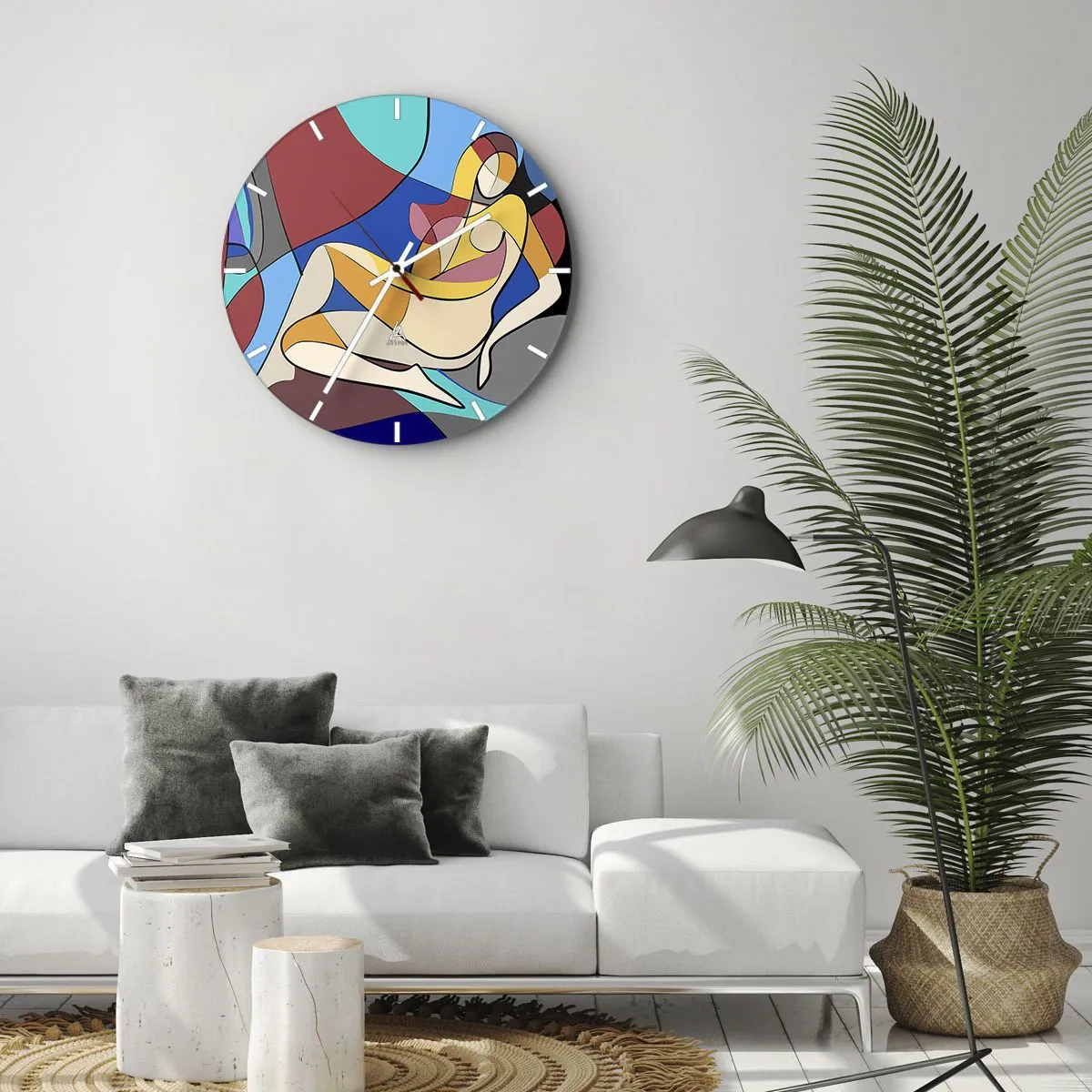 Nástenné hodiny - Farebný ženský akt v kubistickom štýle s výraznou kontúrou. - 30x30cm - Kubistický akt - Moderná nástenná dekorácia do obývacej izby, kuchyne a spálne ARTTOR