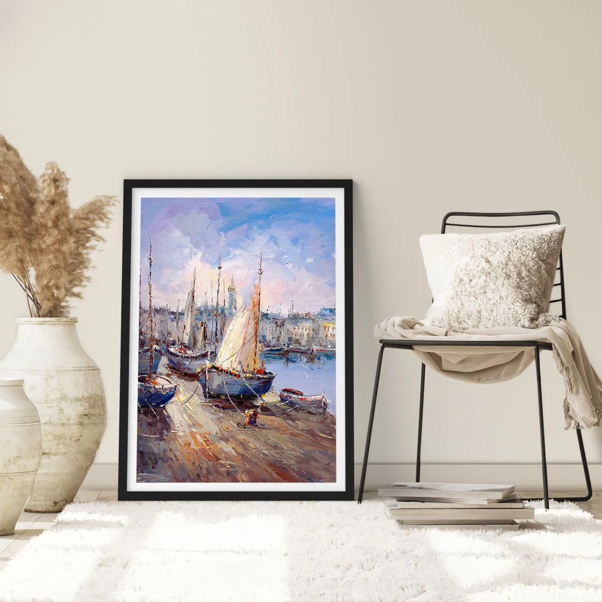 Plagát v čiernom ráme - Plachetnice v malebnom prístave osvetlenom slnečnými lúčmi - 50x70cm - Mesto pri zálive - Moderná nástenná dekorácia do obývacej izby a spálne ARTTOR