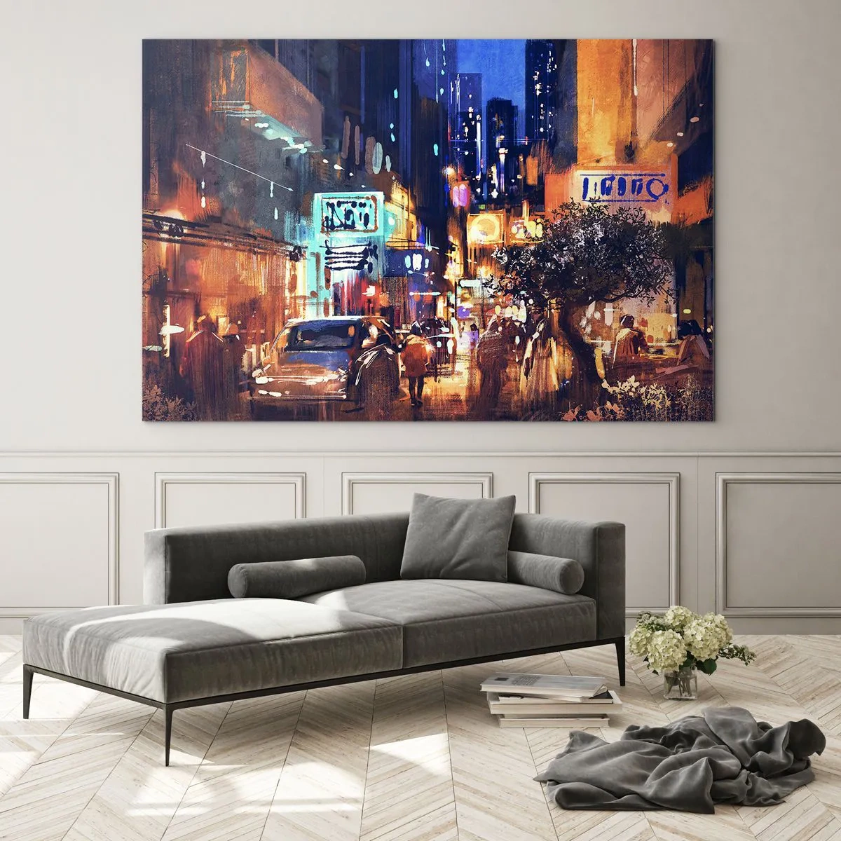 Obraz na skle - Malebná nočná mestská scéna s neónovými svetlami a pouličnou premávkou - 70x50cm - A mesto nespí - Moderná nástenná dekorácia do obývacej izby a spálne ARTTOR