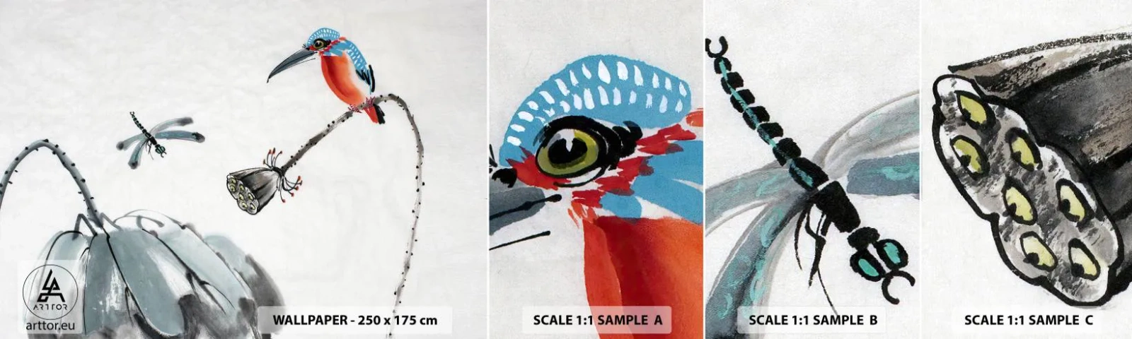 Vzorka samolepiacej fototapety Deluxe Sticker - Život lúky - Abstrakcia, Vták, Kvetina - 100x30 cm