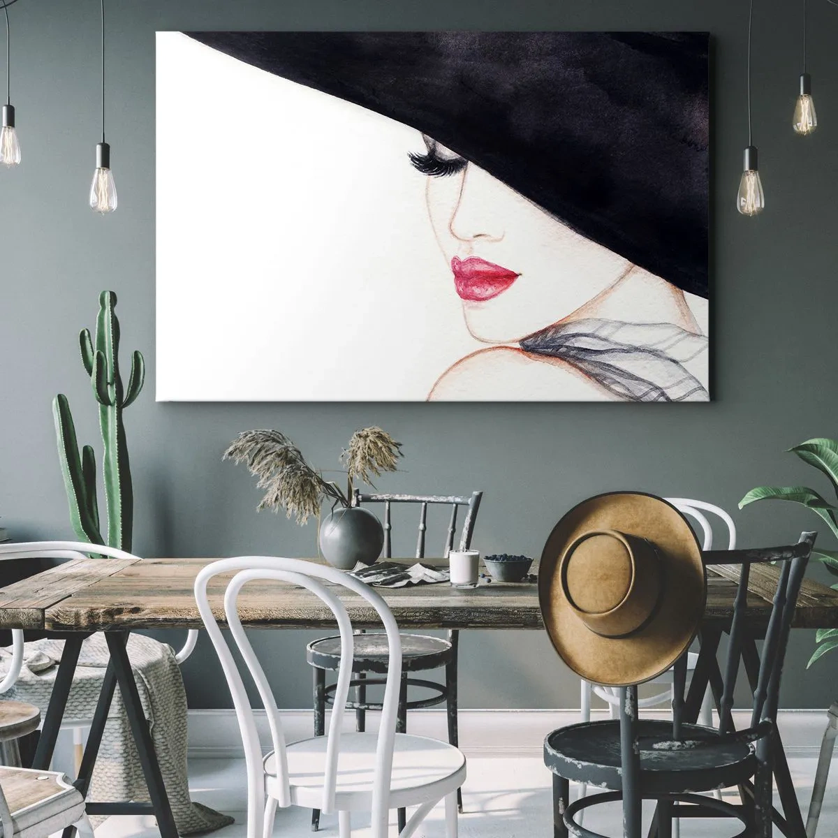 Obraz na plátne - Jemná ilustrácia ženy v čiernom klobúku s červenými perami - 70x50cm - Elegancia a zmyselnosť - Moderná nástenná dekorácia do obývacej izby a spálne ARTTOR