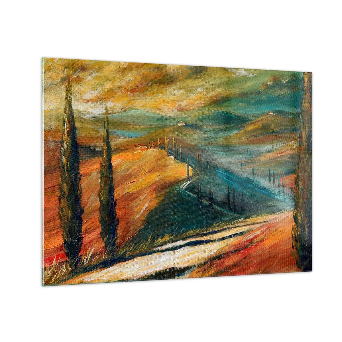 Obraz na skle - Západ slnka nad toskánskym kopcom - 70x50cm - Toskánska krajina - Moderná nástenná dekorácia do obývacej izby a spálne ARTTOR