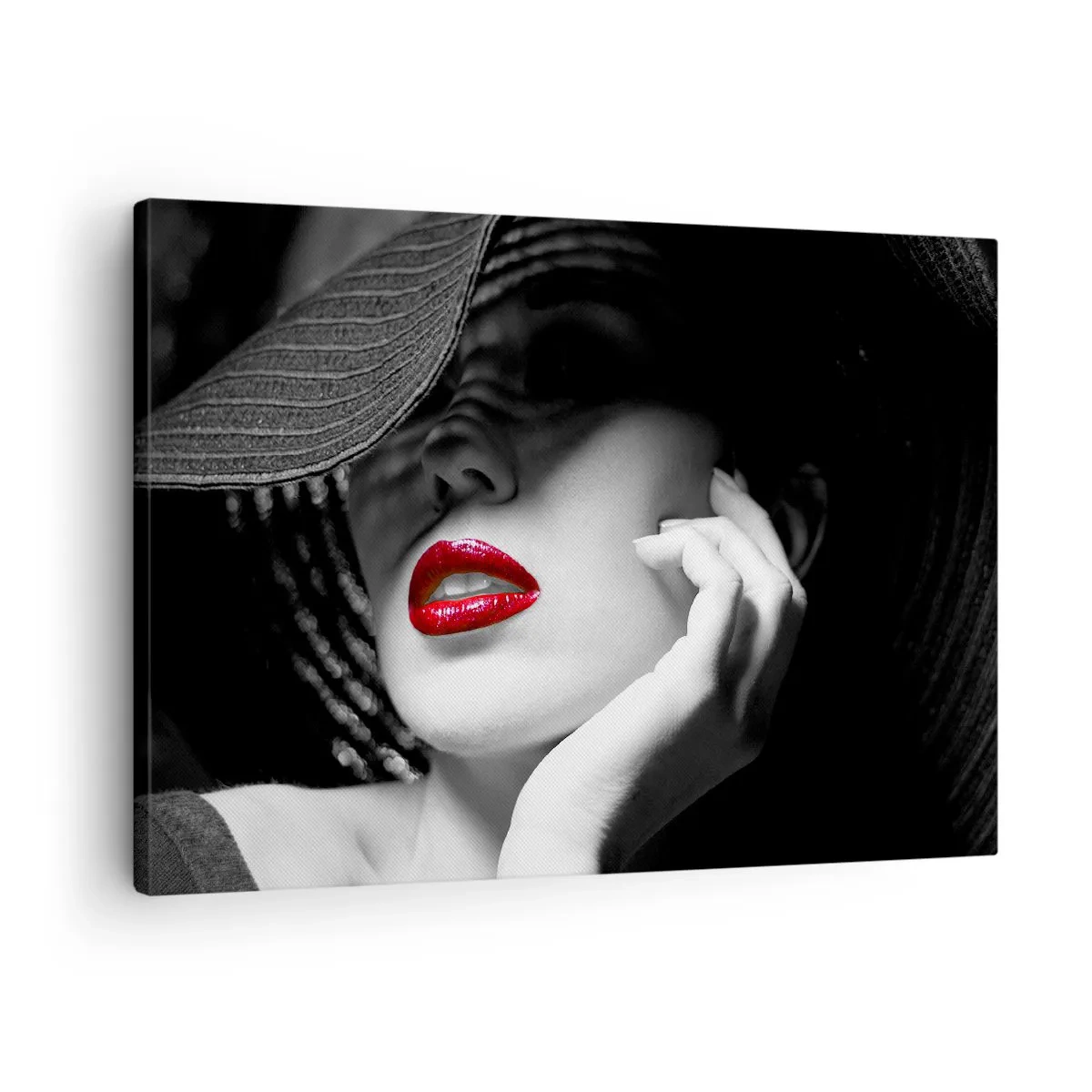 Obraz na plátne - Čiernobiely portrét ženy s červenými perami - 70x50cm - Štúdia v šarlátovej - Moderná nástenná dekorácia do obývacej izby a spálne ARTTOR