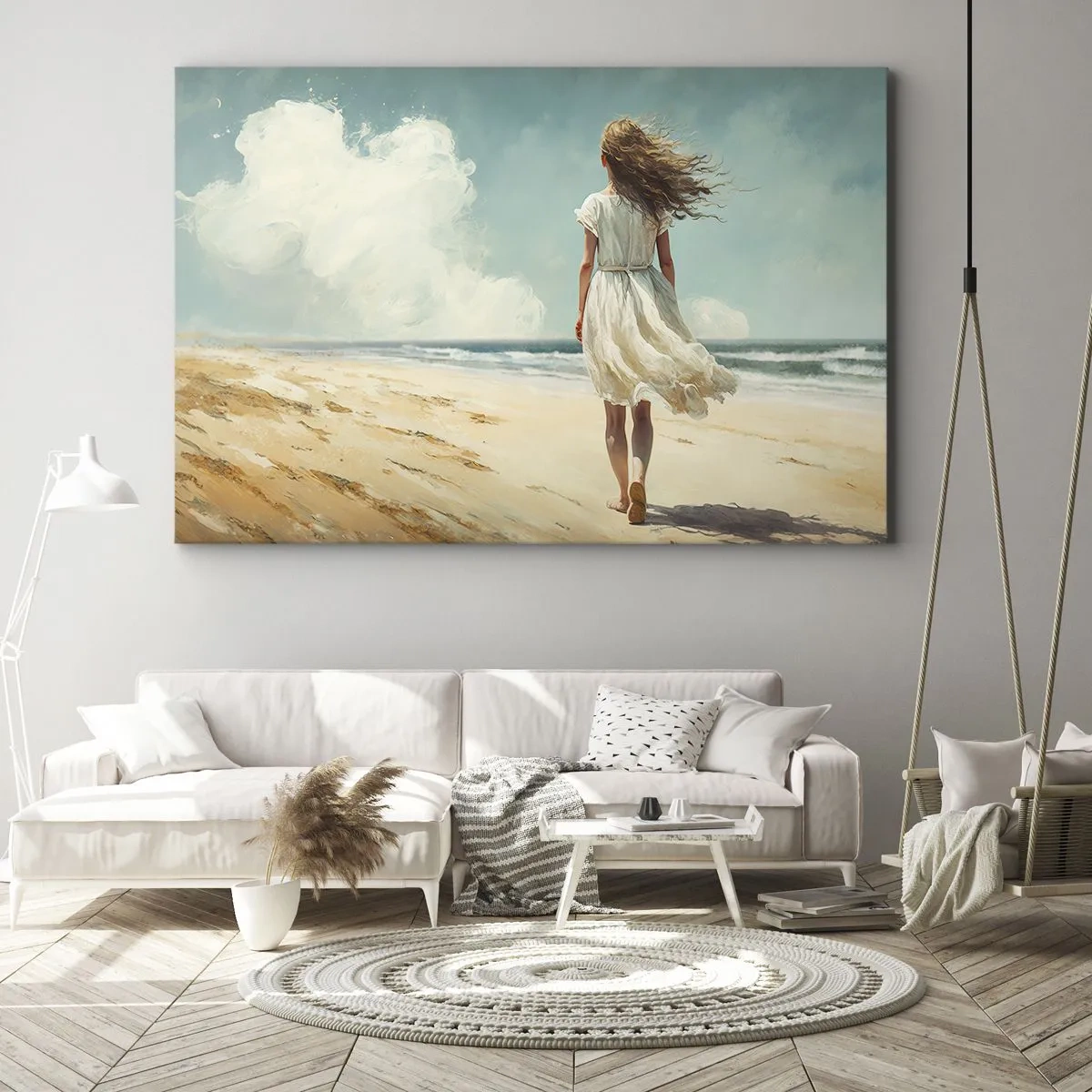 Obraz na plátne - Žena v bielych šatách kráčajúca po pláži za slnečného dňa - 70x50cm - Smerom ku slnku a vetru - Moderná nástenná dekorácia do obývacej izby a spálne ARTTOR