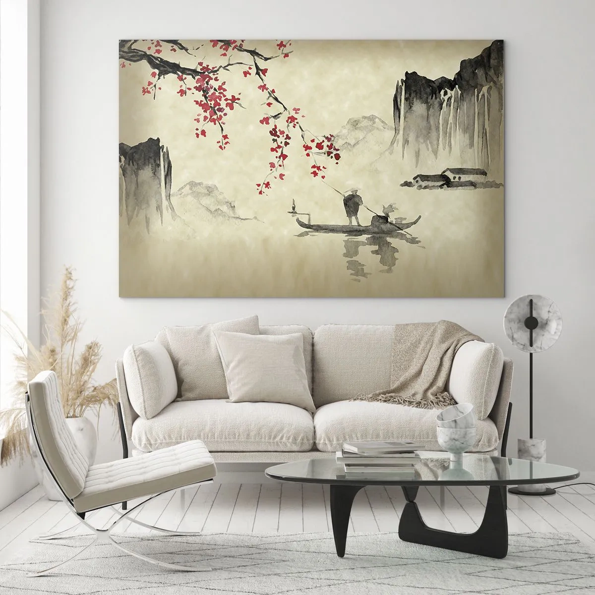 Obraz na skle - Orientálna rybárska scéna s vetvou čerešňového kvetu a horami - 70x50cm - V krajine kvitnúcich čerešní - Moderná nástenná dekorácia do obývacej izby a spálne ARTTOR