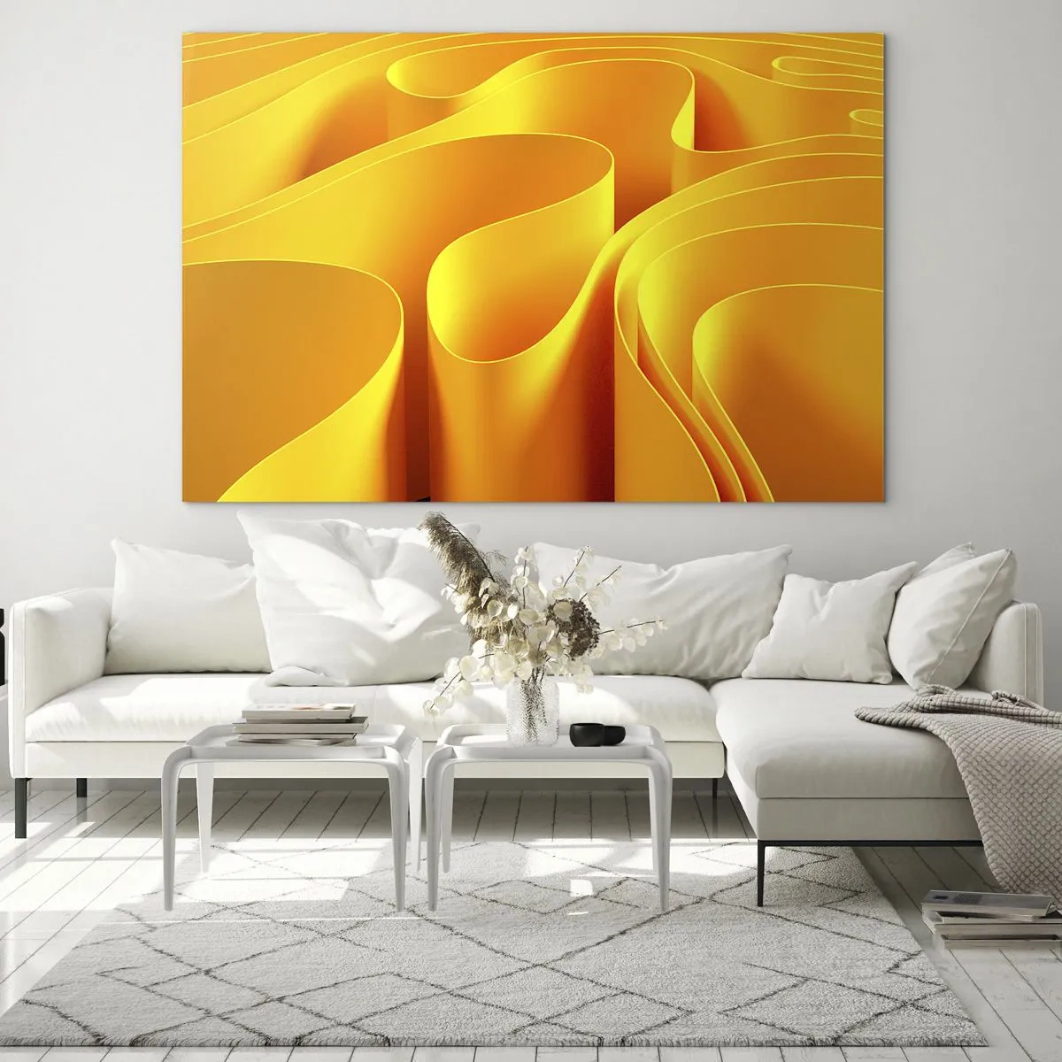 Obraz na skle - Abstraktné vlny v odtieňoch zlatej a oranžovej - 70x50cm - Ako slnečné vlny - Moderná nástenná dekorácia do obývacej izby a spálne ARTTOR