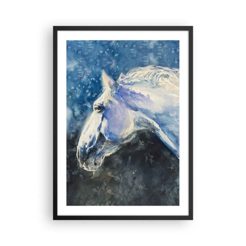 Plagát v čiernom ráme - Portrét koňa v modrých akvarelových tónoch - 50x70cm - Portrét v modrej žiare - Moderná nástenná dekorácia do obývacej izby a spálne ARTTOR
