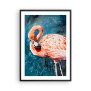 Plagát v čiernom ráme - Akvarelový plameniak na tyrkysovom vodnom pozadí - 50x70cm - Dekoratívne od prírody - Moderná nástenná dekorácia do obývacej izby a spálne ARTTOR