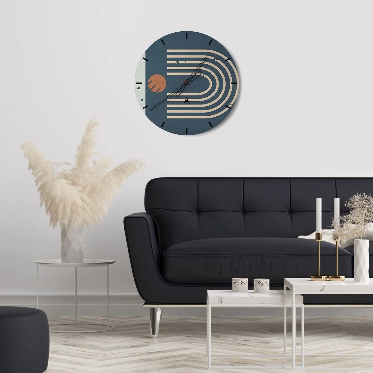 Nástenné hodiny - Abstraktný geometrický vzor v odtieňoch tmavomodrej a béžovej - 30x30cm - Geometria v námorníckej modrej - Moderná nástenná dekorácia do obývacej izby, kuchyne a spálne ARTTOR
