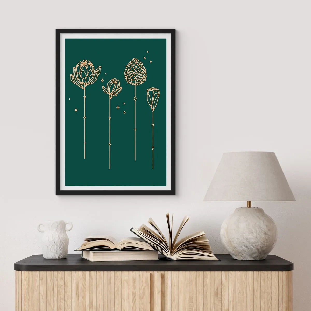 Plagát v čiernom ráme - Zlaté obrysy kvetov na tmavozelenom pozadí - 50x70cm - Bylinky - Moderná nástenná dekorácia do obývacej izby a spálne ARTTOR