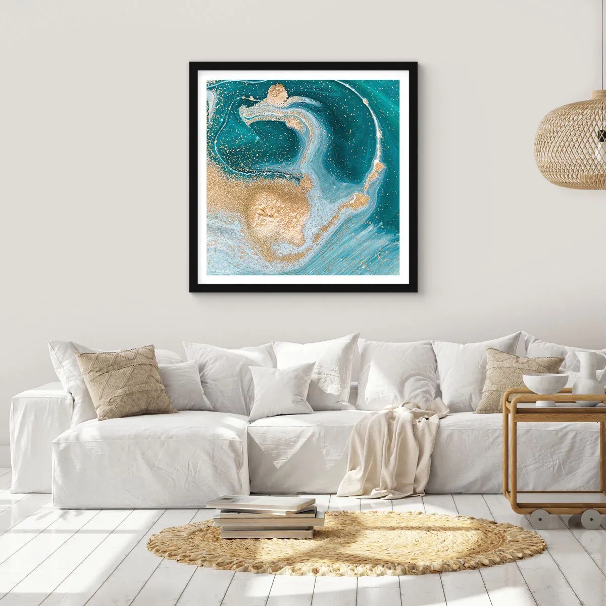 Plagát v čiernom ráme - Vír zlatej a tyrkysovej - 60x60 cm
