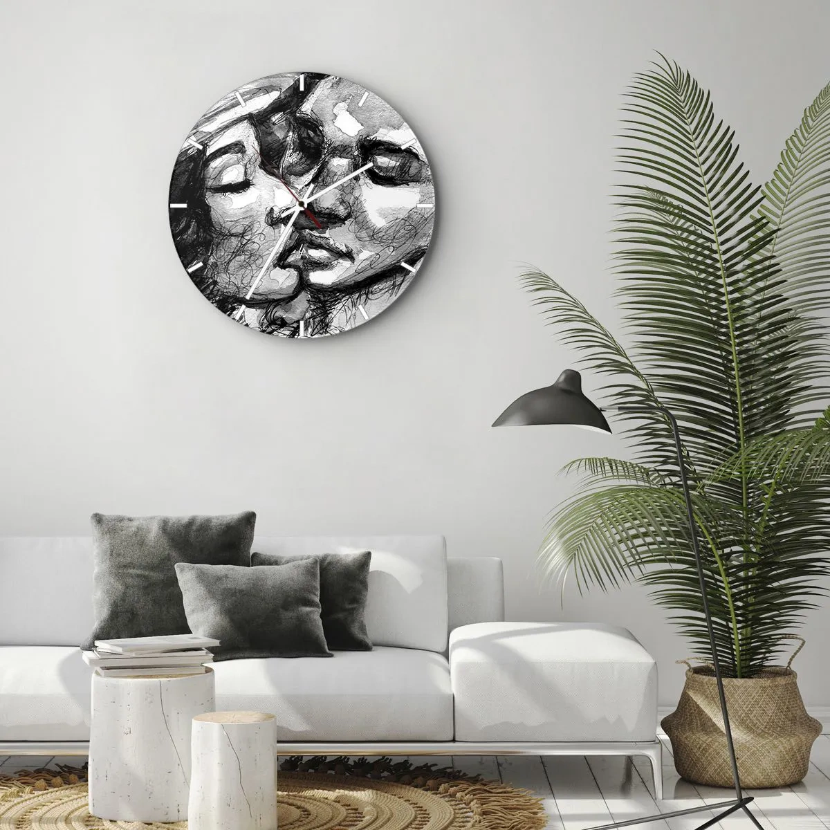 Nástenné hodiny - Čiernobiely náčrt bozkávajúceho sa páru - 30x30cm - Nežný okamih - Moderná nástenná dekorácia do obývacej izby, kuchyne a spálne ARTTOR