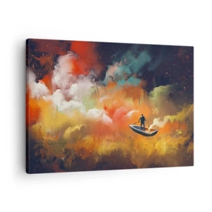 Obraz na plátne - Postava v člne na pozadí farebných oblakov - 70x50cm - Loďou cez galaxiu - Moderná nástenná dekorácia do obývacej izby a spálne ARTTOR