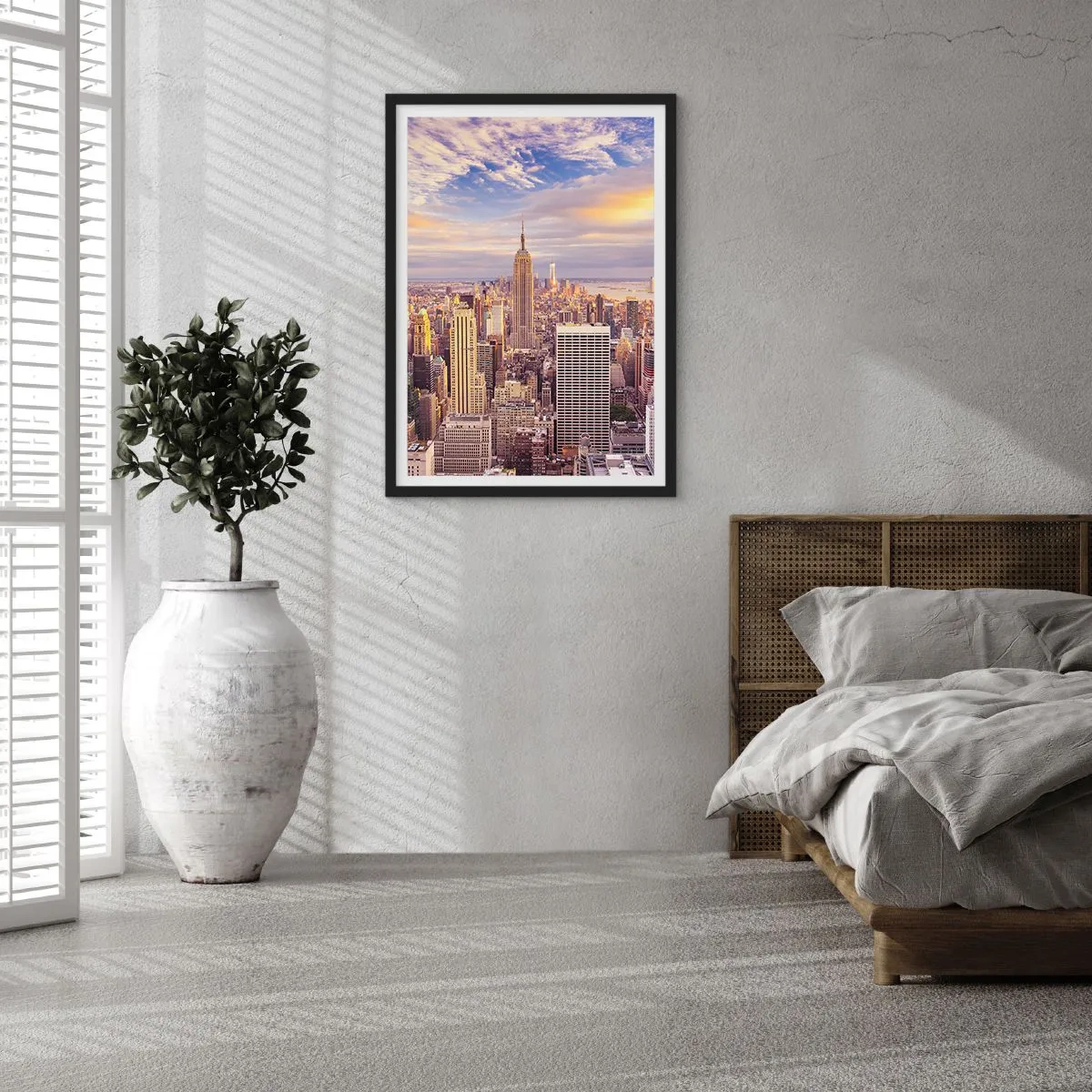 Plagát v čiernom ráme - Panoráma New Yorku z Empire State Building pri západe slnka - 50x70cm - Dosiahnuť samotné oblaky - Moderná nástenná dekorácia do obývacej izby a spálne ARTTOR