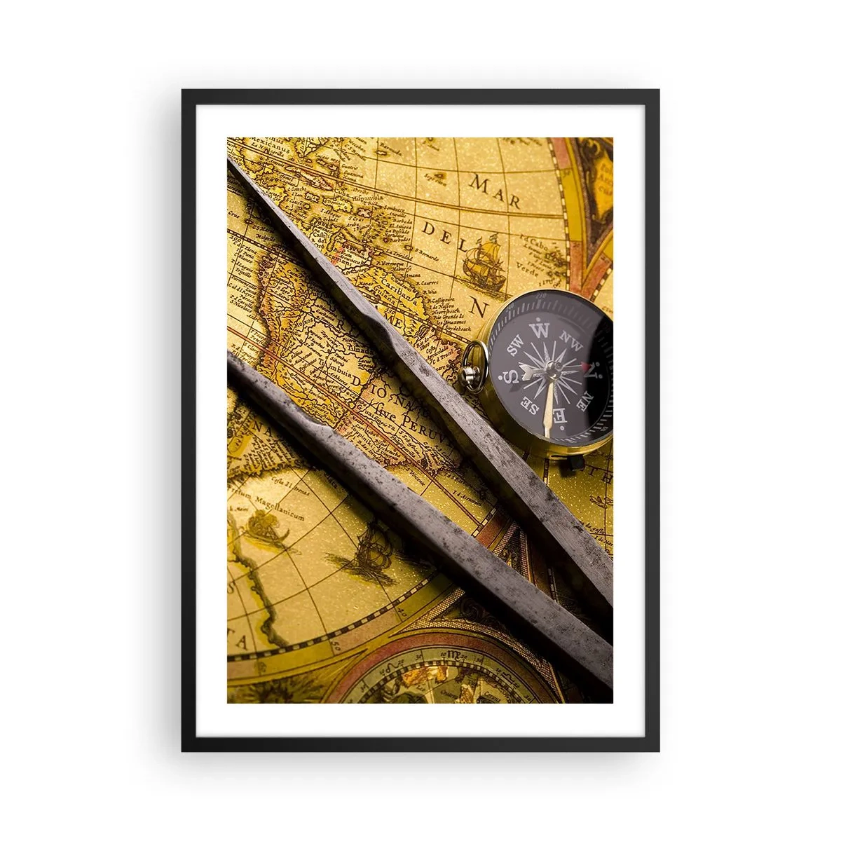Plagát v čiernom ráme - Stará mapa s kompasom a navigačnými nástrojmi - 50x70cm - Kde sú tie poklady? - Moderná nástenná dekorácia do obývacej izby a spálne ARTTOR