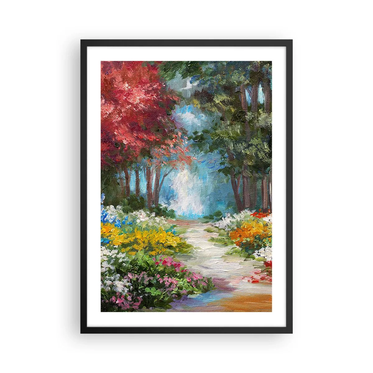 Plagát v čiernom ráme - Farebná lesná záhrada plná kvetov a stromov - 50x70cm - Lesná záhrada, kvetinový les - Moderná nástenná dekorácia do obývacej izby a spálne ARTTOR