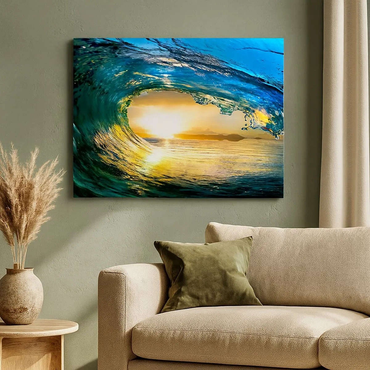 Obraz na plátne - Oceánske vlny na slnku s výhľadom na horizont - 70x50cm - V smaragdovo-zlatom krištáli - Moderná nástenná dekorácia do obývacej izby a spálne ARTTOR
