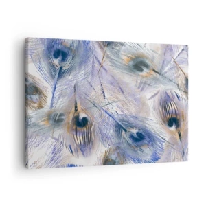 Obraz na plátne - Vzor s pávími perami v odtieňoch modrej a zlatej - 70x50cm - Kompozícia pávieho oka - Moderná nástenná dekorácia do obývacej izby a spálne ARTTOR