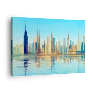 Obraz na plátne - Panoráma mesta v teplých farbách s odrazom vo vode - 70x50cm - Slnečná metropola - Moderná nástenná dekorácia do obývacej izby a spálne ARTTOR
