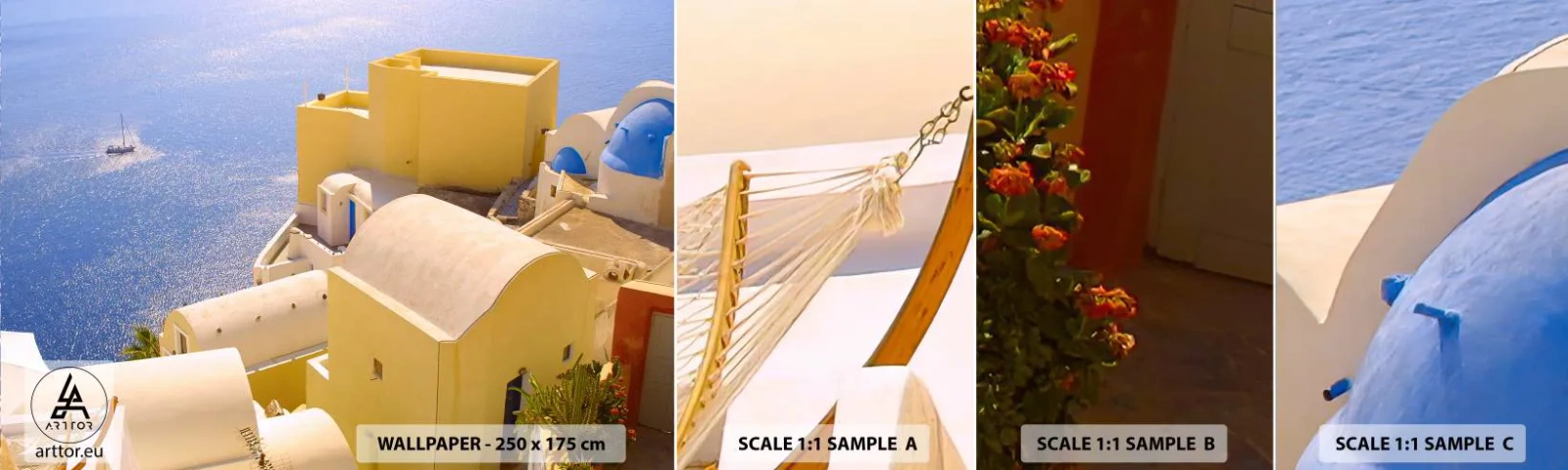 Vzorka Fototapeta Standard Eco - Grécka krajina v bielej a blankytnej - Krajina, Santorini, Grécko - 100x30 cm