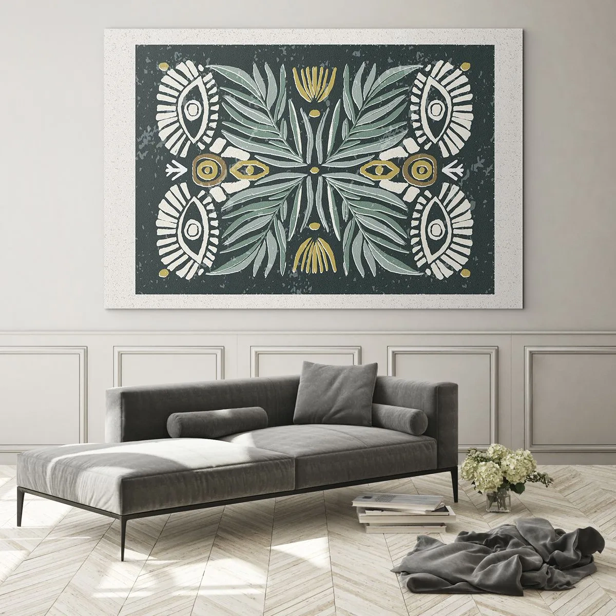 Obraz na skle - Symetrická kompozícia listov a vzorov v ľudovom štýle - 70x50cm - Ako ľudová vystrihovačka - Moderná nástenná dekorácia do obývacej izby a spálne ARTTOR