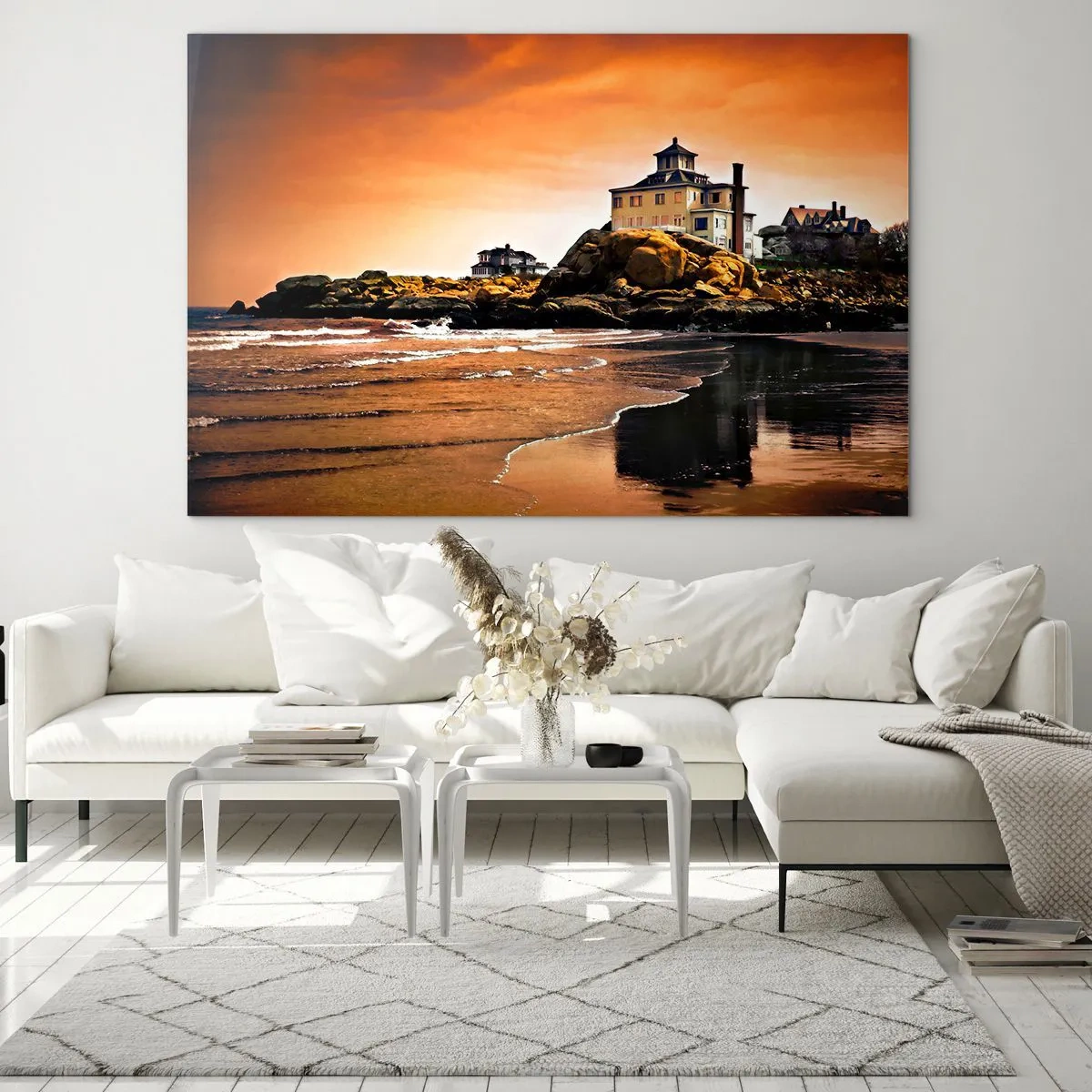 Obraz na skle - Dom na útese s výhľadom na more pri západe slnka - 70x50cm - Elegancia západného pobrežia - Moderná nástenná dekorácia do obývacej izby a spálne ARTTOR