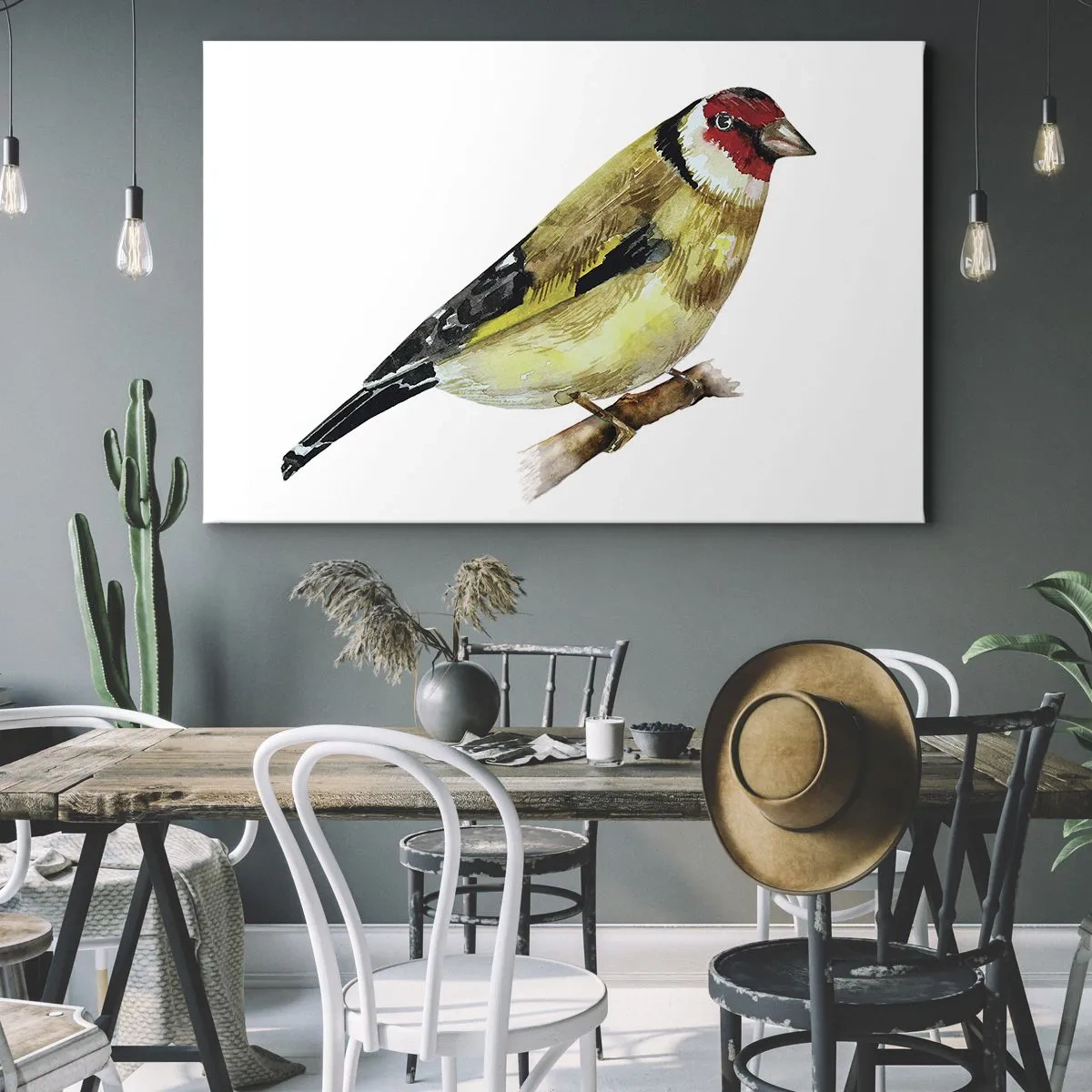 Obraz na plátne - Vták s červenou hlavou na konári - 70x50cm - Vtáčí portrét - Moderná nástenná dekorácia do obývacej izby a spálne ARTTOR