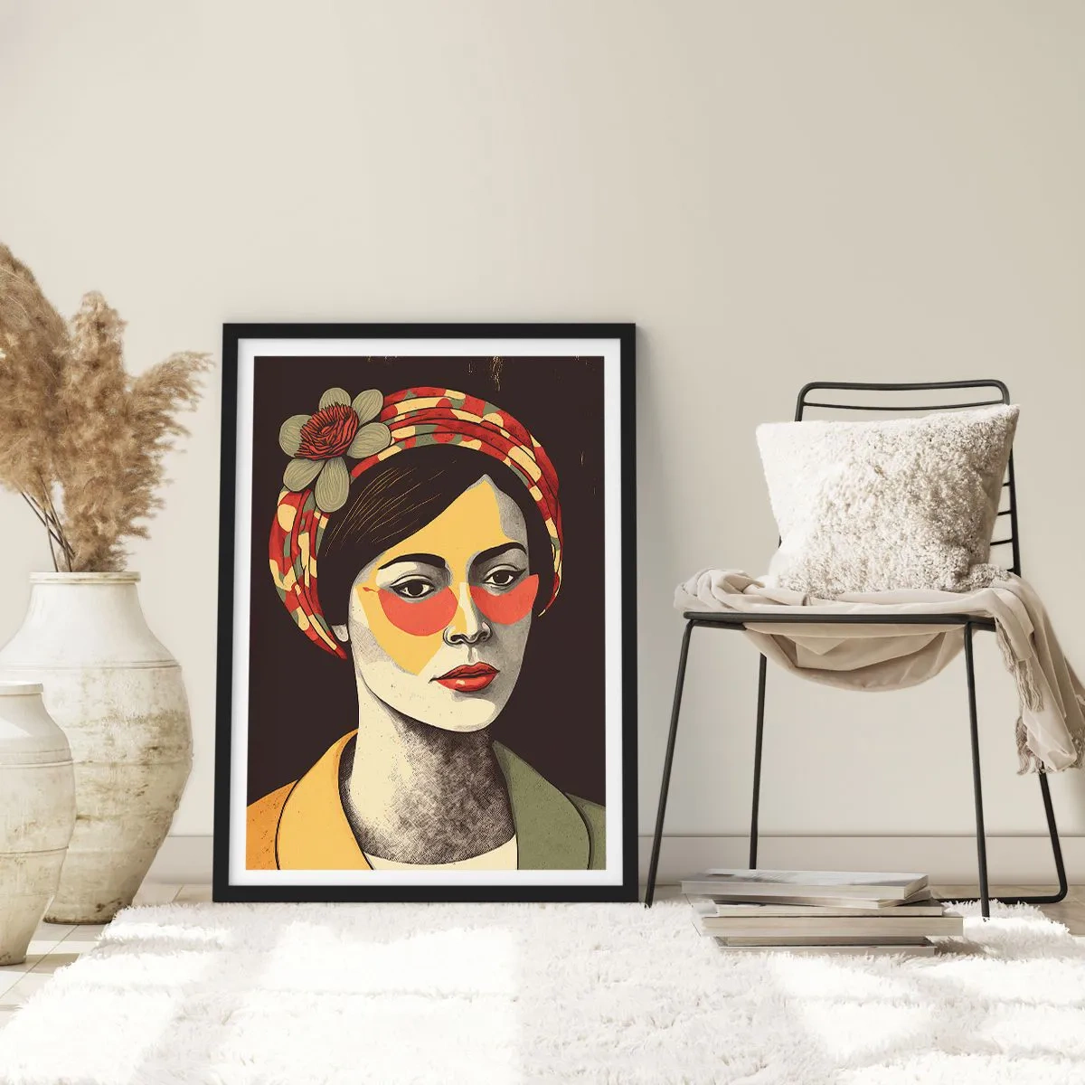 Plagát v čiernom ráme - Štylizovaný portrét ženy v turbane s kvetinovým akcentom - 50x70cm - Koralová dáma - Moderná nástenná dekorácia do obývacej izby a spálne ARTTOR