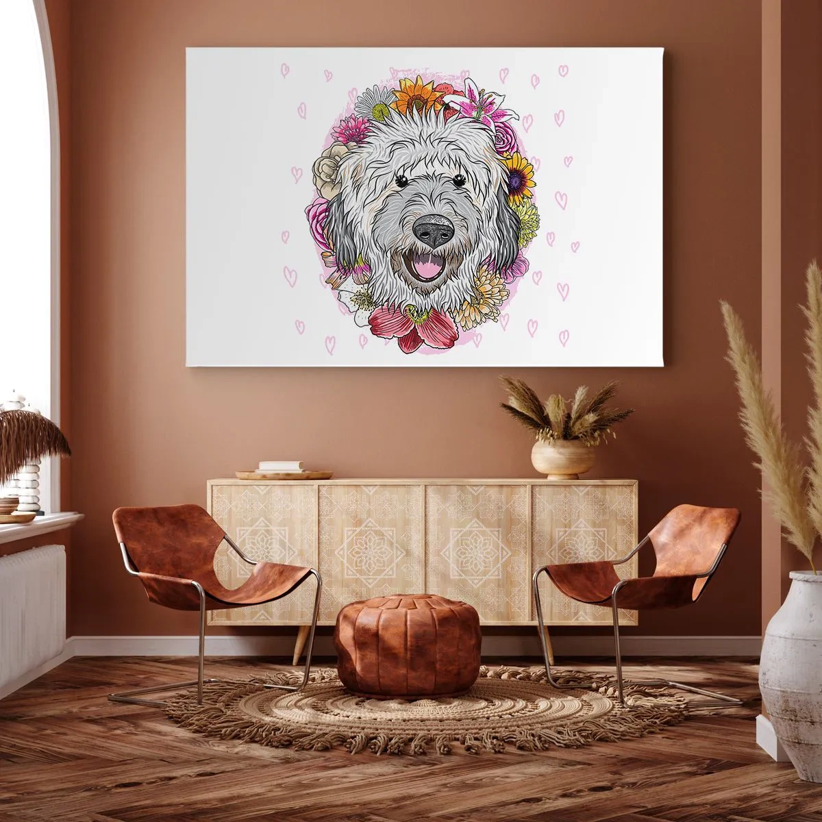 Obraz na plátne - Pes obklopený farebnými kvetmi - 70x50cm - Šteňacia radosť - Moderná nástenná dekorácia do obývacej izby a spálne ARTTOR