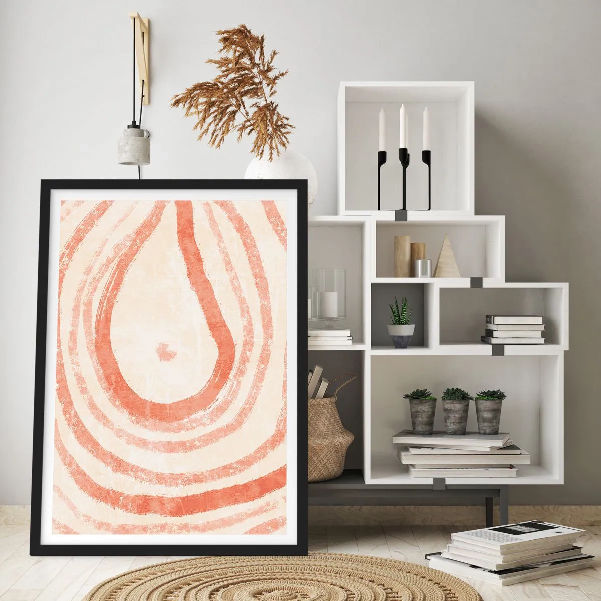 Plagát v čiernom ráme - Abstraktný vzor v teplých, zemitých farbách. - 50x70cm - Koralové kruhy – kompozícia - Moderná nástenná dekorácia do obývacej izby a spálne ARTTOR