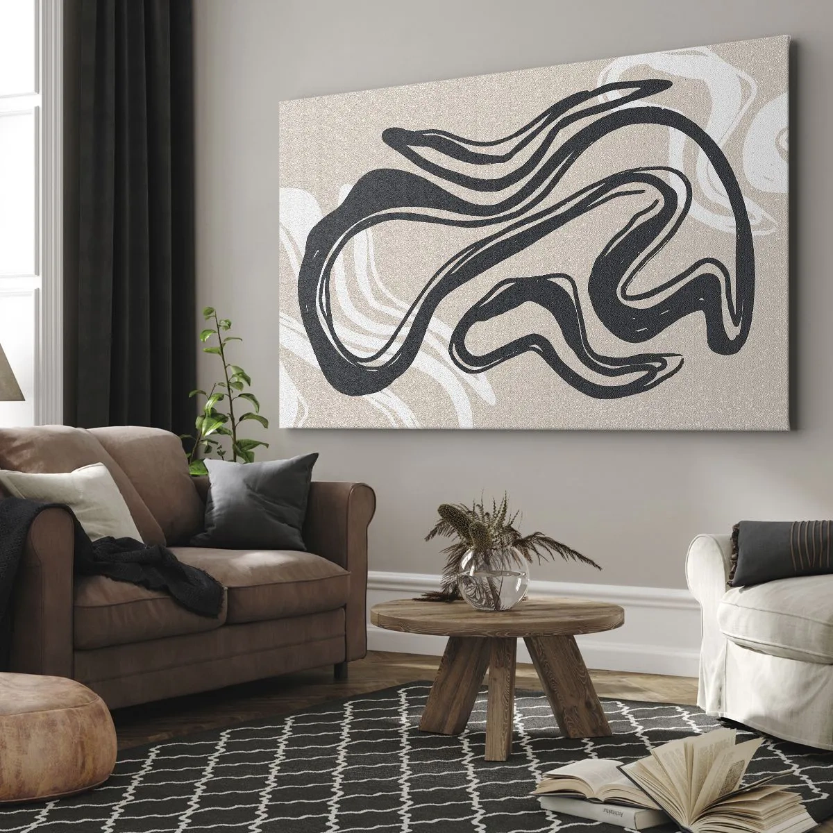 Obraz na plátne - Abstraktné čiary v tmavých odtieňoch na béžovom pozadí - 70x50cm - Znásobená expresia - Moderná nástenná dekorácia do obývacej izby a spálne ARTTOR
