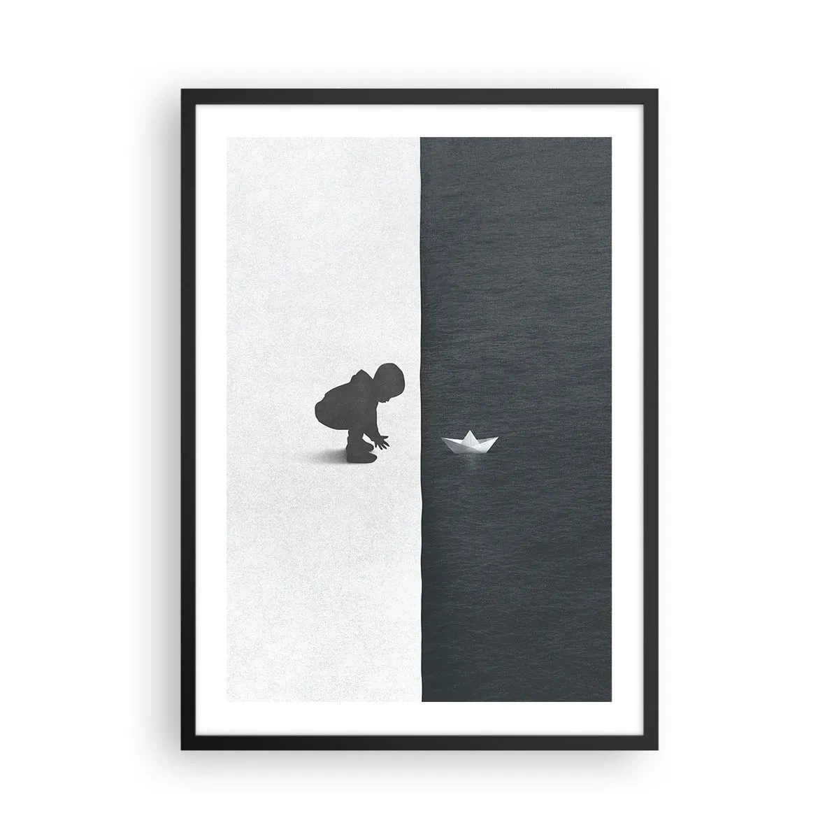 Plagát v čiernom ráme - Dieťa sa nakláňa nad vodu s papierovou loďkou - 50x70cm - Veľká výprava - Moderná nástenná dekorácia do obývacej izby a spálne ARTTOR