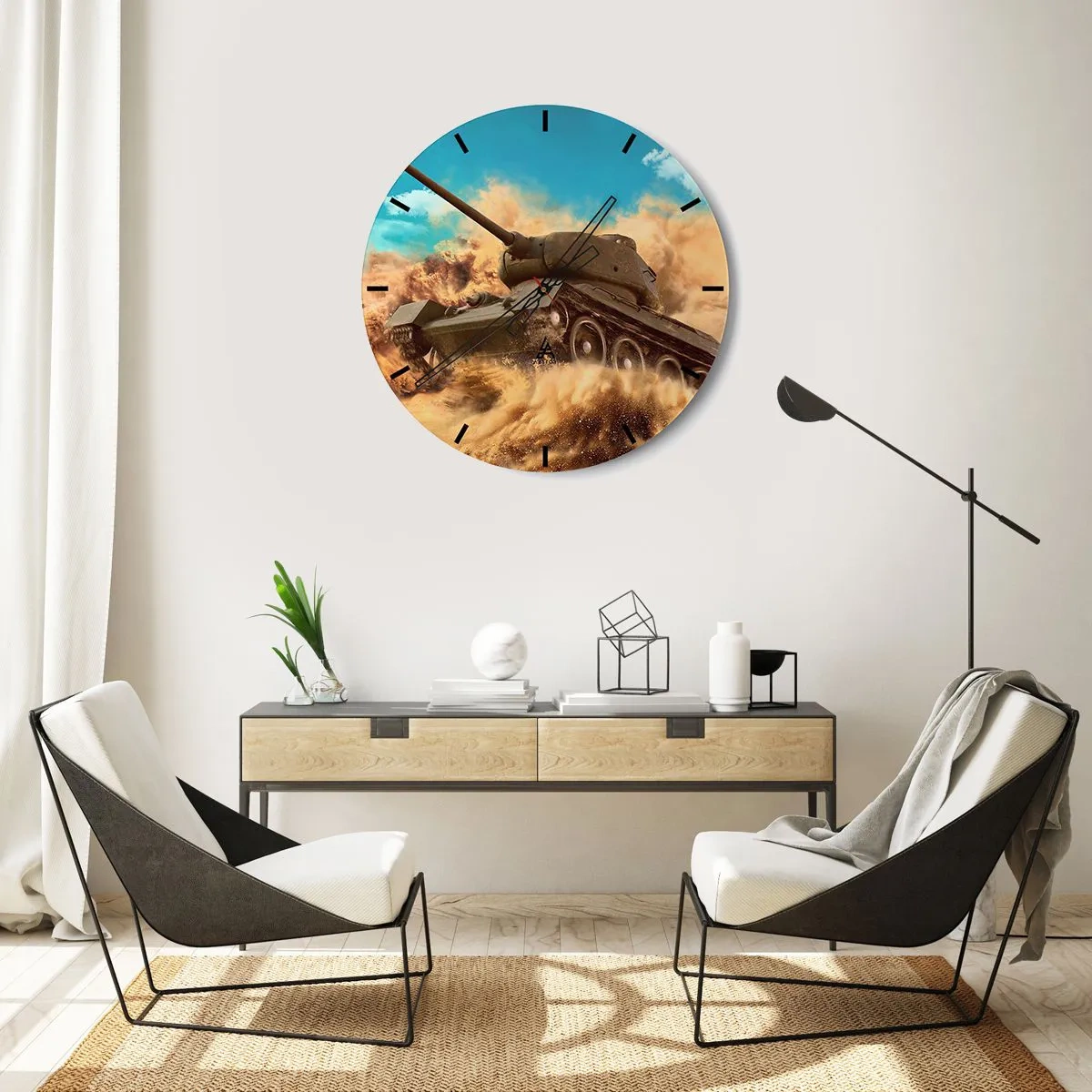 Nástenné hodiny - Dynamická scéna tanku prechádzajúceho púšťou v akcii - 30x30cm - Nedá sa poraziť - Moderná nástenná dekorácia do obývacej izby, kuchyne a spálne ARTTOR