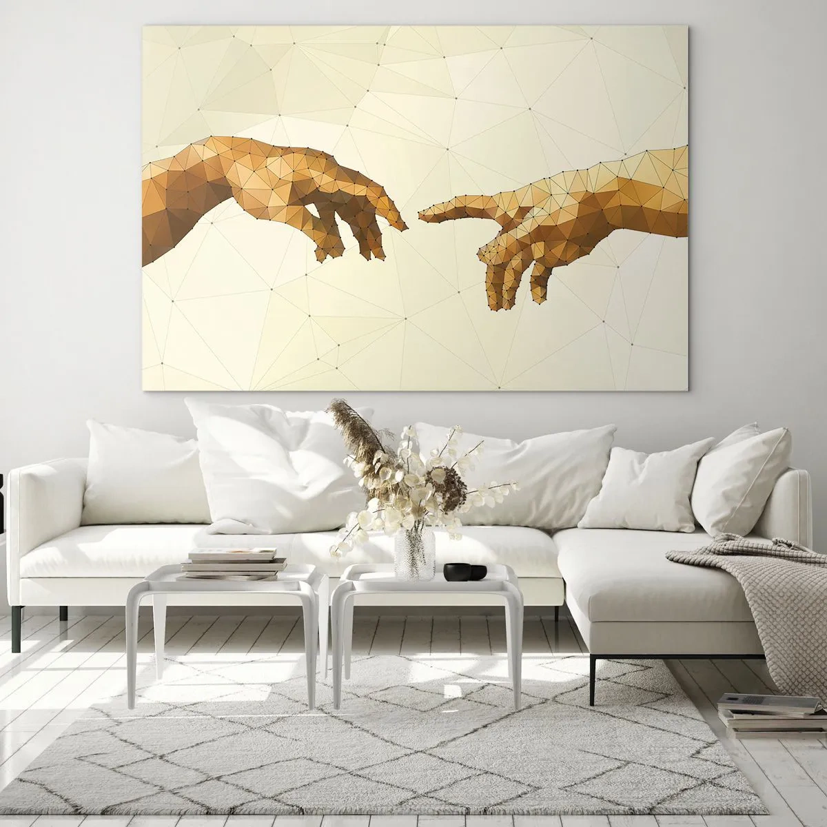 Obraz na skle - Štylizovaná verzia obrazu „Stvorenie Adama“ v polygónovej technike - 70x50cm - Božská geometria - Moderná nástenná dekorácia do obývacej izby a spálne ARTTOR