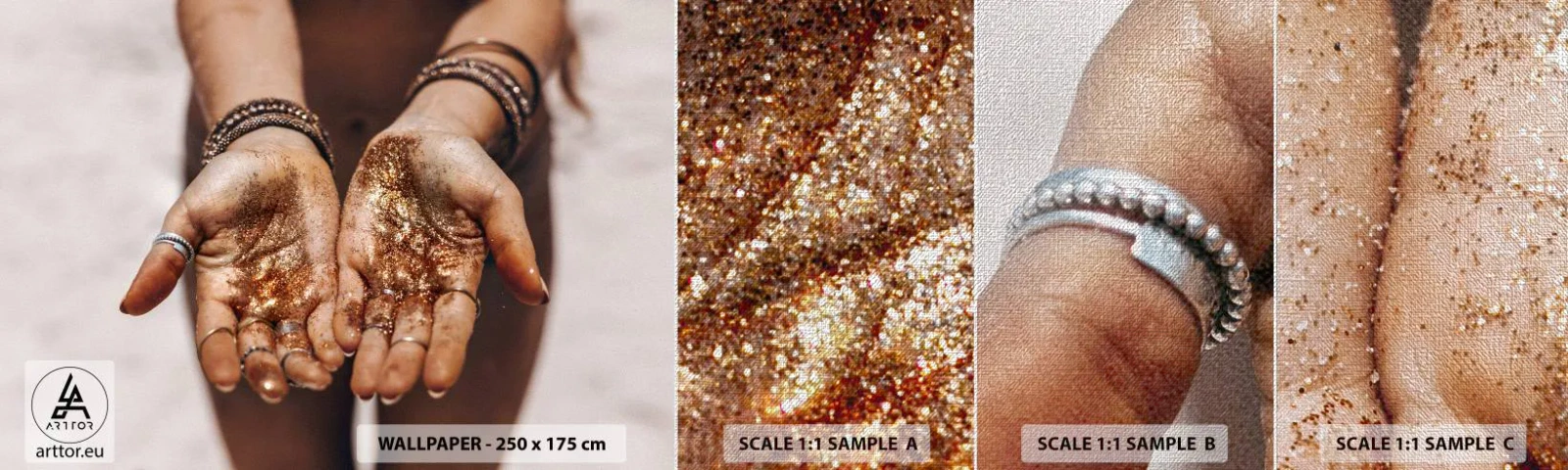 Vzorka fototapety Premium Canvas - Darček pre teba - Dámske ruky, Boho, Zlato - 100x30 cm