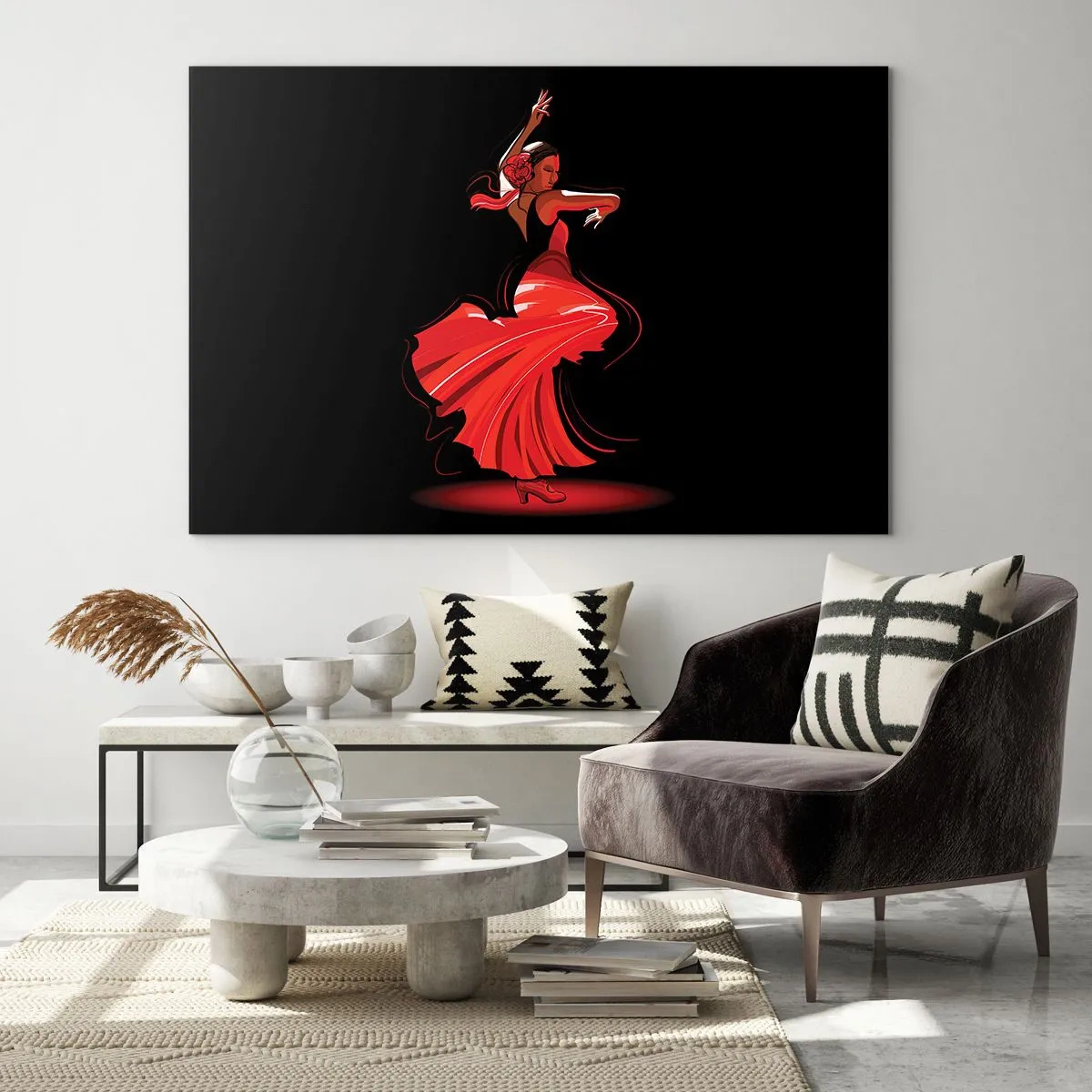 Obraz na skle - Flamenco tanečnica v červených šatách na čiernom pozadí - 70x50cm - Horúca duša flamenco - Moderná nástenná dekorácia do obývacej izby a spálne ARTTOR