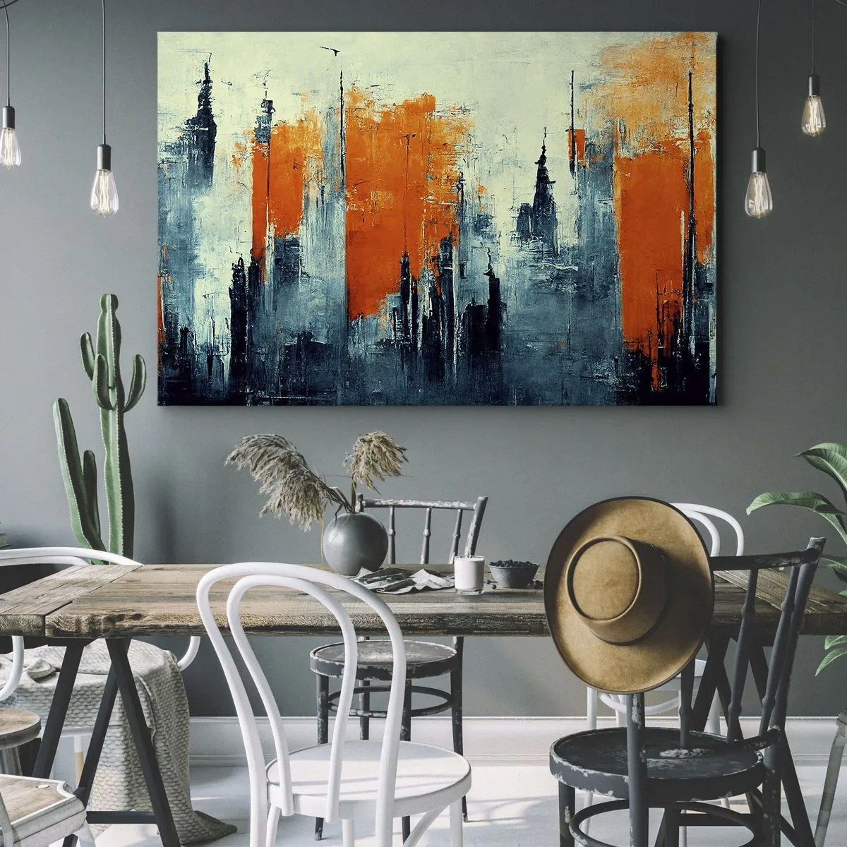 Obraz na plátne - Abstraktná panoráma mesta v odtieňoch oranžovej a modrej - 70x50cm - Moderná krajina - Moderná nástenná dekorácia do obývacej izby a spálne ARTTOR