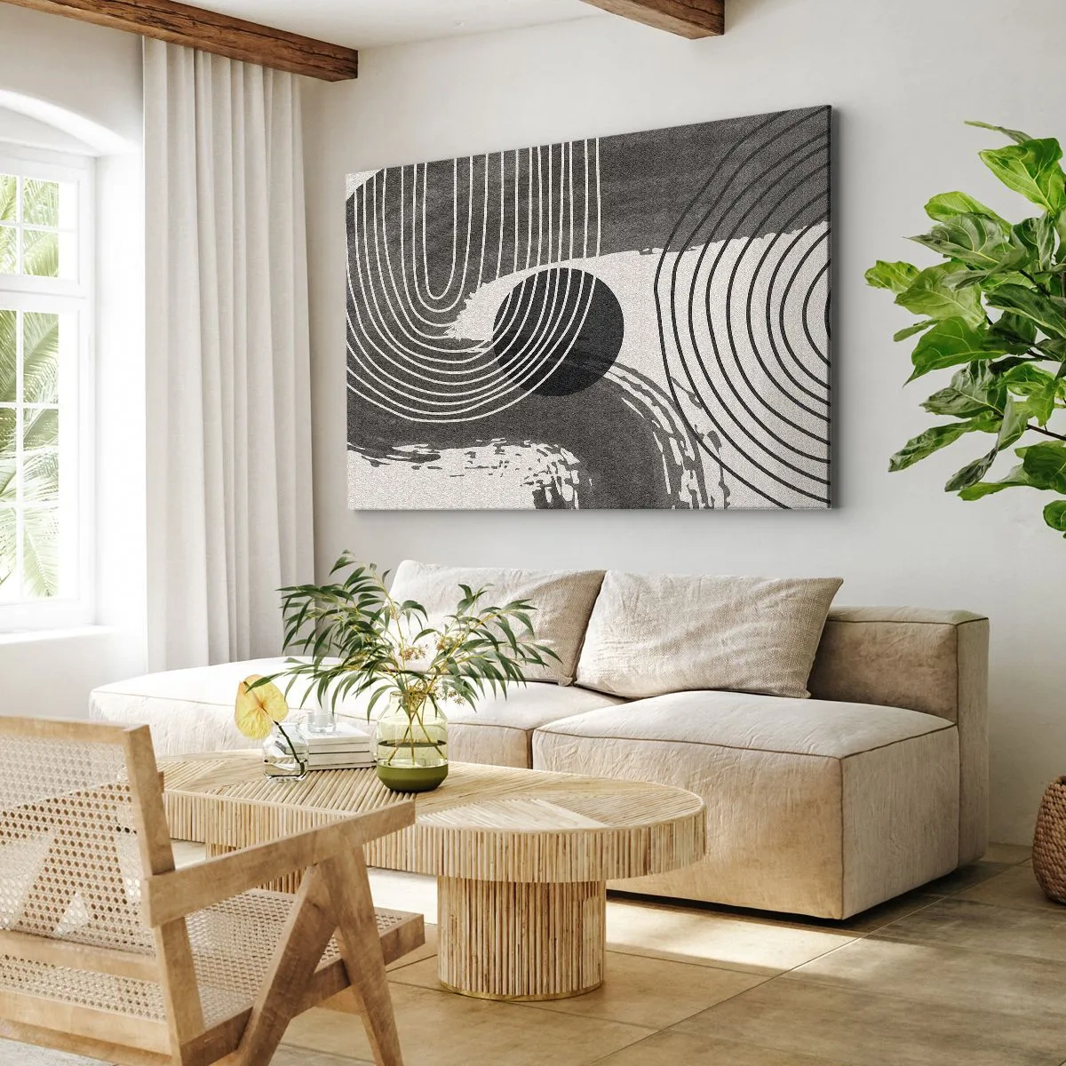 Obraz na plátne - Geometrické čiary a ovály v monochromatických odtieňoch - 70x50cm - Ovál víťazí - Moderná nástenná dekorácia do obývacej izby a spálne ARTTOR